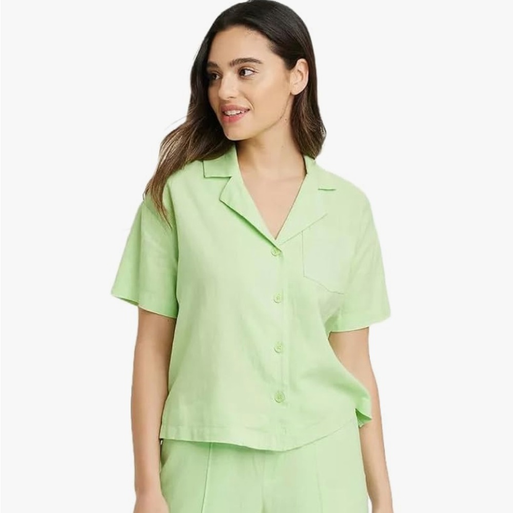 NWT A New Day by Target Short Sleeve Button Down Green Linen Camp Shirt